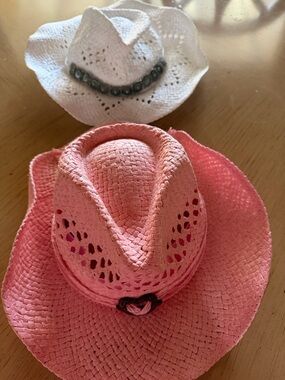 2 White  & pink set  Straw Cowgirl Hat with Turquoise Concho Band
